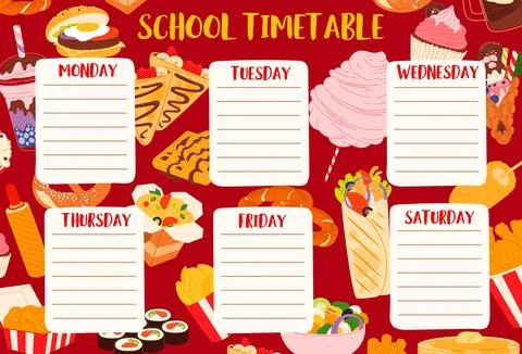 School education timetable schedule with fast food Stock Illustration