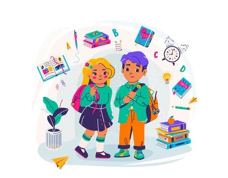School education vector illustration. Cute little girl and boy go to study Ilustración de archivo