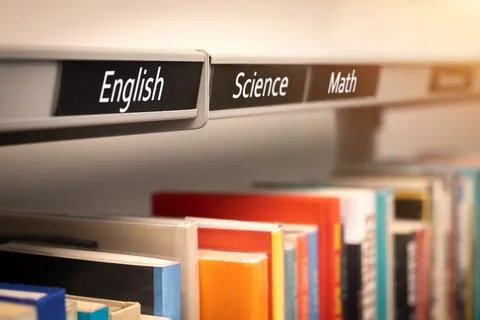School educational textbook library - english, mathematics and science subjects. Stock Photos