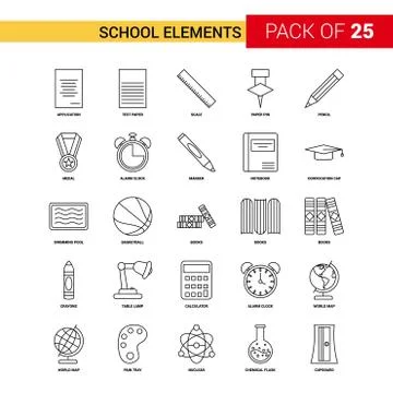 School Elements Black Line Icon - 25 Business Outline Icon Set Stock Illustration