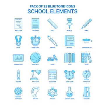 School Elements Blue Tone Icon Pack - 25 Icon Sets Illustrazione stock