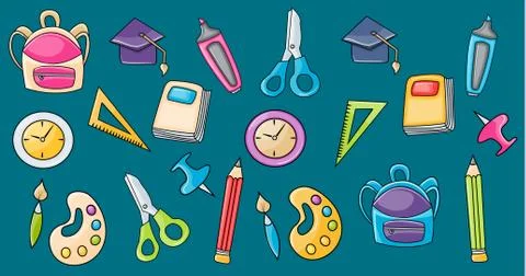 School elements clip art set in cartoon style. Stock Illustration