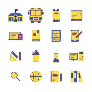 School Elements flat icon set on white background. Stock Illustration