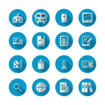 School Elements flat long shadow icon set on white background. Stock Illustration