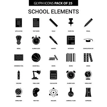 School Elements Glyph Vector Icon set Illustrazione stock