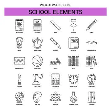 School Elements Line Icon Set - 25 Dashed Outline Style Illustrazione stock