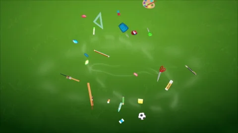 School elements looping over chalkboard geometry sketches and white chalk Stock Footage 336489823