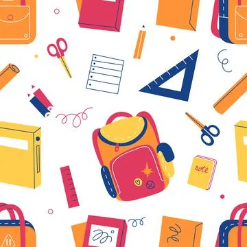 School elements seamless pattern. Color educational equipment, kids stationery Stock Illustration