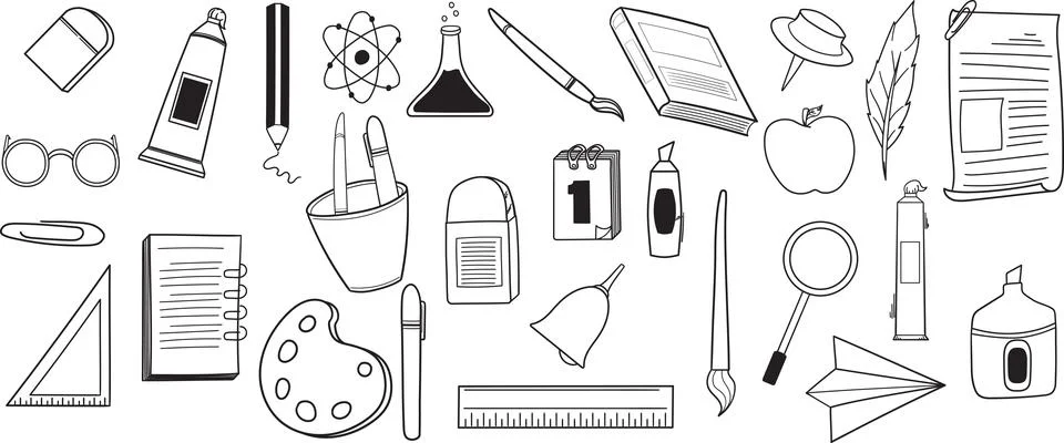 School elements set. Vector flat illustration in hand drawn style. colorless Illustrazione stock