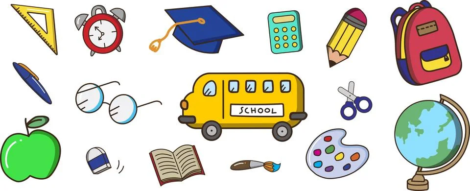 School elements set. Vector flat illustration in hand drawn style. Back to Illustrazione stock