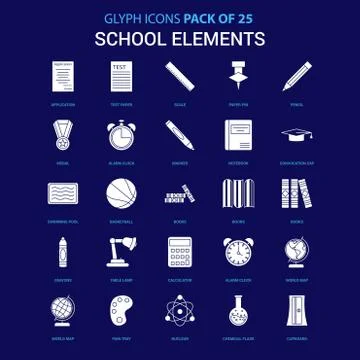 School Elements White icon over Blue background. 25 Icon Pack Ilustração Stock
