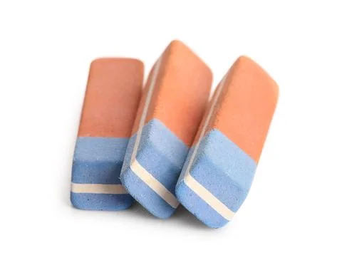 School erasers on white background 库存照片