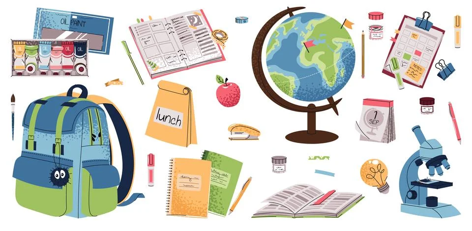 School Essentials Set with Globe, Backpack, Books and Microscope. Flat Design Stock Illustration