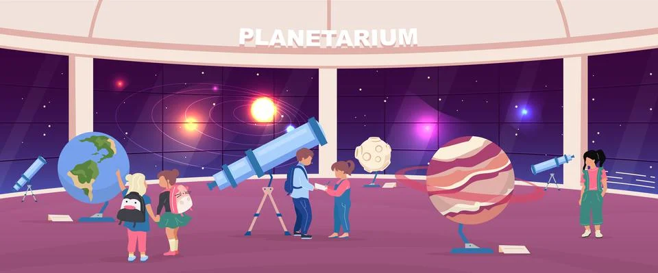 School excursion to planetarium flat color vector illustration Stock Illustration