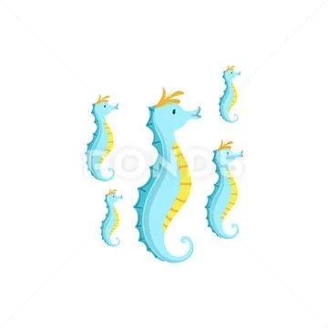 School Of Fantastic Blue And Yellow Tropical Seahorses Set Of Marine Animals Stock Illustration