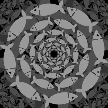School of fish circular pattern seamless. Fishes swarm circle background. Bab Illustrazione stock