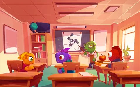 School of fish funny students and teacher in class Stock Illustration