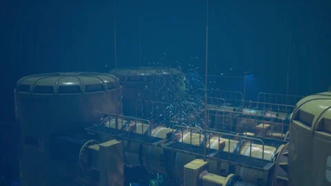 School of Fish Swims Through Deep Sea Research Station, Cinematic CGI Stock Footage 341843956
