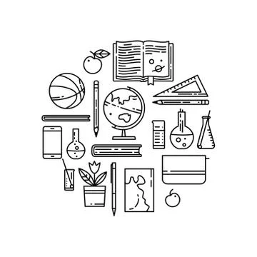 School flat line vector icons in round composition Stock Illustration