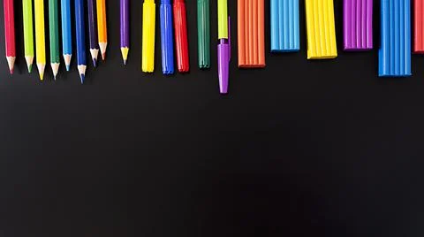 School flatley on the topic back to school, school supplies on a chalk board Stock Photos