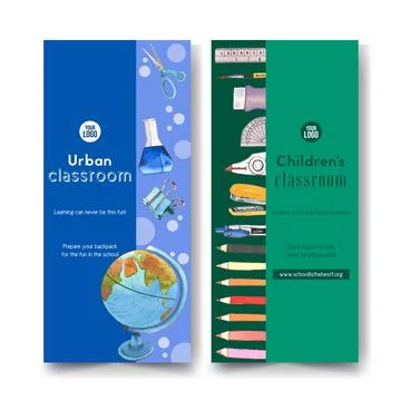 School flyer design with globe, clip, stapler watercolor illustration. Illustrazione stock
