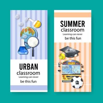 School flyer design with magnifying glass, school bus watercolor illustration Stock Illustration
