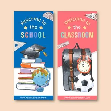 School flyer design with notebook, school bag watercolor illustration. Stock Illustration