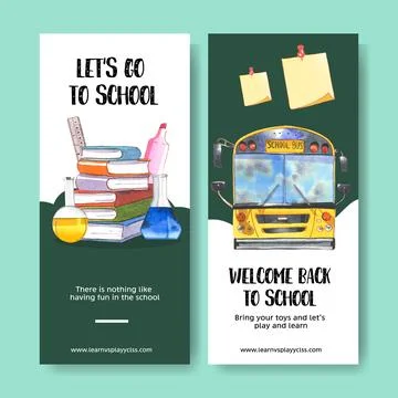 School flyer design with ruler, highlighter pen watercolor illustration. Stock Illustration