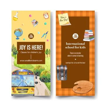 School flyer design with school bus, color palette watercolor illustration. Stock Illustration