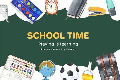 School frame design with globe, ball, school bag watercolor illustration. Stock Illustration