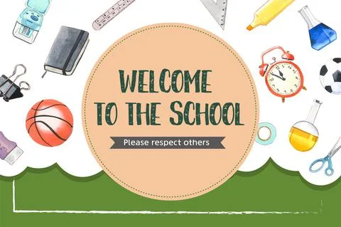 School frame design with notebook, clock, basketball watercolor illustration. Stock Illustration