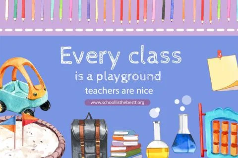 School frame design with notebook, sandbox watercolor illustration. Stock Illustration