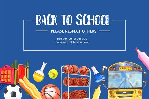 School frame design with school bus, basketball watercolor illustration. Stock Illustration
