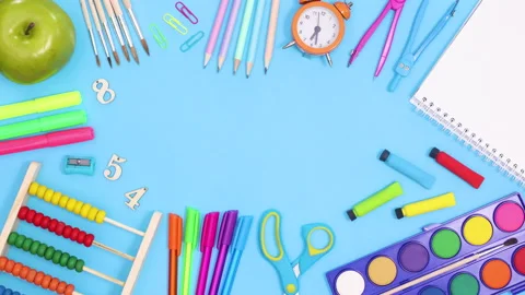 School frame made of school tools on blue theme. Stop motion Stock Footage 156976083