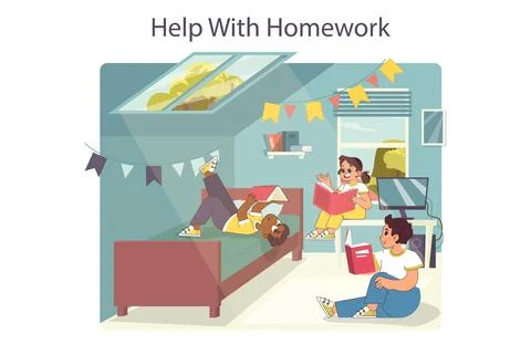 School friends doing a homework together. Children doing a school Ilustración de archivo