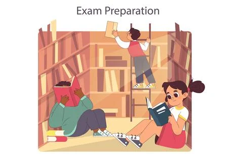 School friendship. Students study together, reading books in the library Stock Illustration