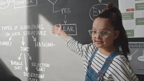 School Girl Explaining Computer Algorithm on Blackboard Video stock 245456633