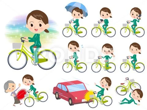 School girl Green jersey city cycle Stock Illustration