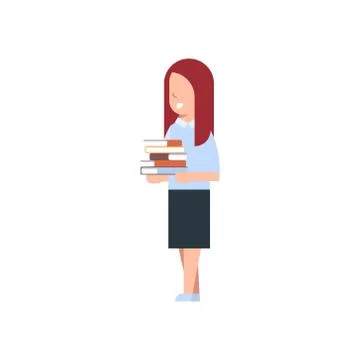 School Girl Holding Stack Of Books Isolated Cute Caucasian Schoolgirl Wearing Illustrazione stock