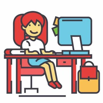 School girl, study workplace, table with computer, book and backpack concept. 스톡 일러스트