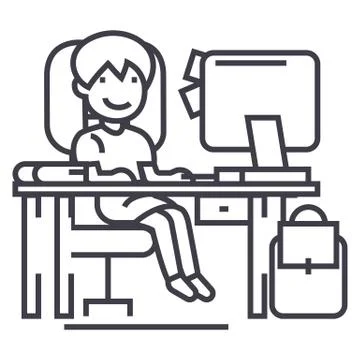 School girl on the table with computer, book and backpack vector line icon, sign Stock Illustration