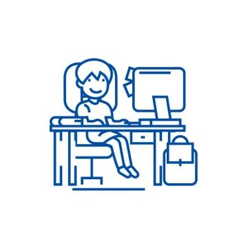 School girl on the table with computer, line icon concept. School girl on the イラスト素材