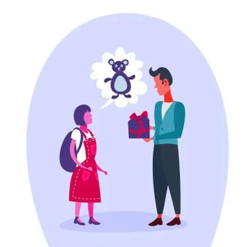 School girl thinking speech bubble teddy bear father presenting gift teenager Stock Illustration