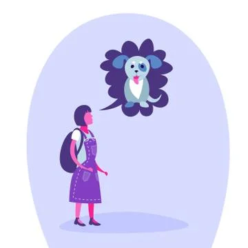School girl thinking speech bubble dog teenager dream pets concept isolated full Stock Illustration