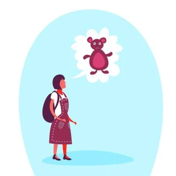 School girl thinking speech bubble teddy bear teenager girl dream toy concept 스톡 일러스트