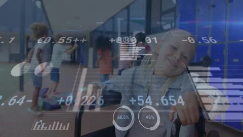 School girl using wheelchair facing camera in corridor, with animated charts and Stock Footage 308655643