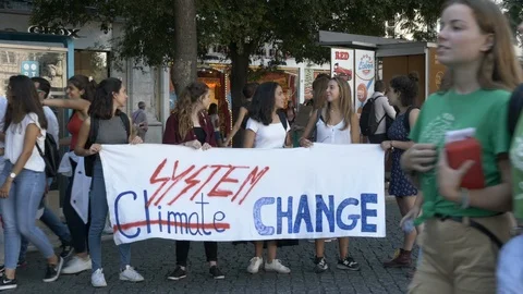 School Girls Protesting at Climate Strike In Lisbon, Fridays For Future Stock Footage 117102156