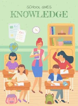 School Gives Knowledge Lesson Teacher and Pupils 스톡 일러스트