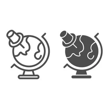 School globe with map pin line and solid icon. Planet Earth ball and mark Stock Illustration