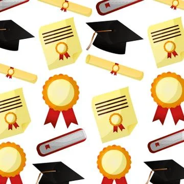 School graduation hat scroll diploma certificate pattern Stock Illustration